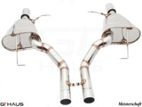 Premium stainless steel exhaust system for BMW F06 640i Gran Coupe, featuring dual tips and Meisterschaft branding.