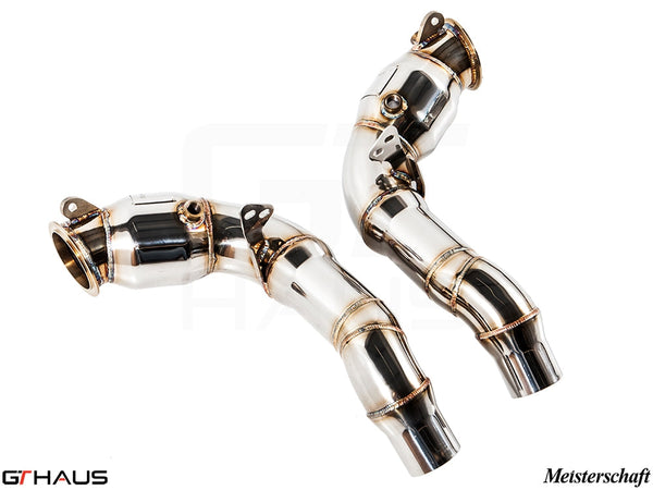 BMW F06 M6 Gran Coupe 2014-2019 down pipes with 400 CEL sport cats and 90mm piping, showcasing polished stainless steel construction.