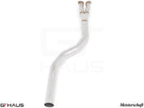 BMW F10 5 Series 2012-2016 full cat-back resonator delete bolt-on pipe with LXR 4Tip application, showcasing stainless steel design.