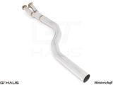 BMW F10 5 Series 2012-2016 full cat-back resonator delete bolt-on pipe with LXR 4Tip application, showcasing polished stainless steel design.