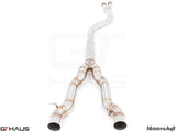 BMW F10 5 Series 2012-2016 full cat-back resonator delete bolt-on pipe with LXR 4-tip application, showcasing stainless steel construction.