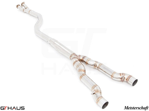 BMW F10 5 Series 2012-2016 full cat-back resonator delete bolt-on pipe with LXR 4Tip application, crafted from stainless steel.