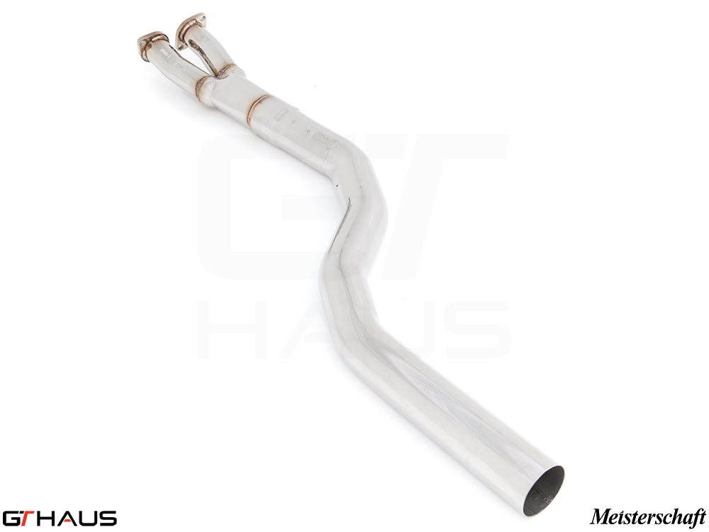 BMW F10 5 Series 2011-2016 full cat-back resonator delete bolt-on pipe with LXR 4-tip application, showcasing polished stainless steel design.