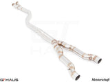BMW F10 5 Series 2011-2016 full cat-back bolt-on pipe with resonator delete, featuring a polished stainless steel finish.