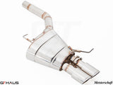 Premium Meisterschaft exhaust system for BMW F10 5 Series 523i/528i, featuring stainless steel construction and dual tips.