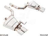 Premium performance exhaust system for BMW F10 528i, featuring stainless steel construction and dual tips.