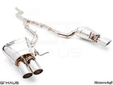 Premium exhaust system for BMW F10 5 Series 535i Sedan, featuring polished stainless steel and dual tips for enhanced performance.