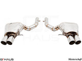 Premium Meisterschaft exhaust system for BMW F10 550i Sedan, featuring polished stainless steel and dual tips.