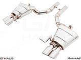 Premium Meisterschaft exhaust system for BMW F10 5 Series 550i Sedan, featuring stainless steel construction and dual tips.
