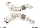 BMW F12/13 M6 down pipes with 400 CEL sport cats, featuring 90mm piping and heat-resistant wrapping for performance.