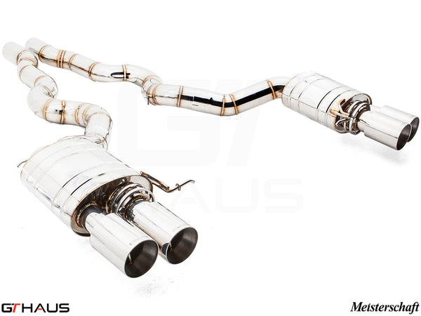 Premium performance exhaust system for BMW F12/13 M6 V8 Twin Turbo, featuring polished stainless steel and dual tips.