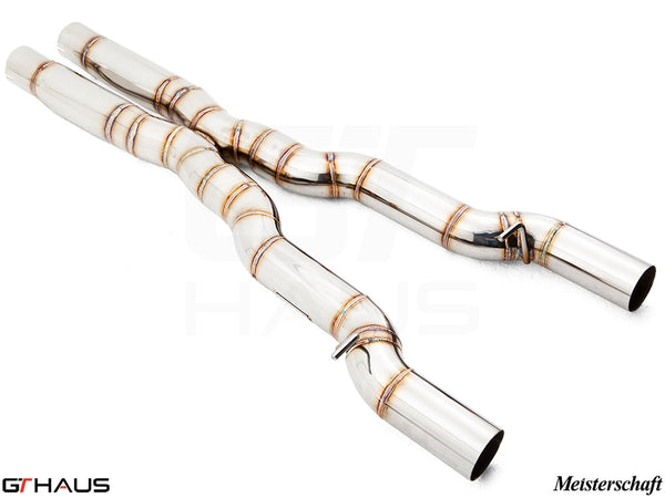 Cat-back mid resonator delete X pipe for BMW F12/F13 650i (2012-2018), featuring polished stainless steel construction.