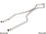 BMW F15 X5 SAV 2014-2018 full cat-back LSR mid resonator delete pipes for 5.0i model, featuring polished stainless steel design.