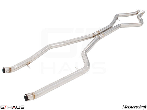 BMW F15 X5 SAV 2014-2018 full cat-back LSR mid resonator delete pipes for 5.0i model, featuring polished stainless steel design.