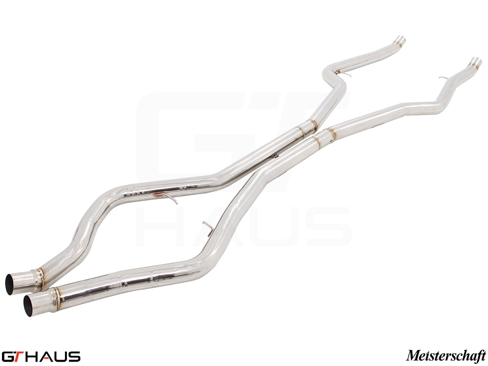 BMW F16 X6 SAV 2015-2019 full cat-back LSR mid resonator delete pipes designed for 5.0i model, featuring polished stainless steel.