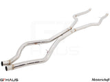 BMW F16 X6 SAV 2015-2019 full cat-back LSR mid resonator delete pipes designed for 5.0i model, featuring polished stainless steel.