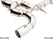 Premium performance exhaust system for BMW F22 235/240i featuring polished stainless steel construction and precision welding.