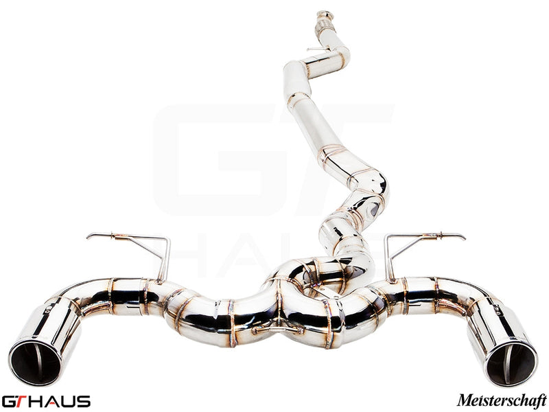 Premium performance exhaust system for BMW F22 235/240i, featuring polished stainless steel construction and dual tips.