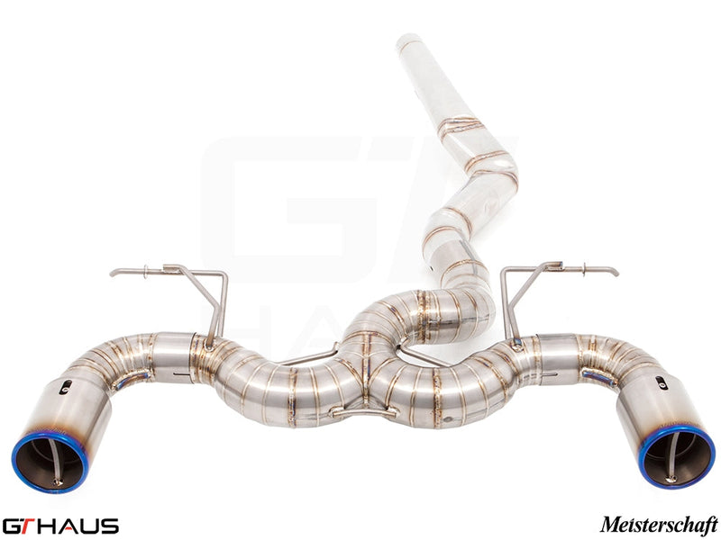 Premium performance exhaust system for BMW F22 235/240i, featuring stainless steel construction and dual tips.
