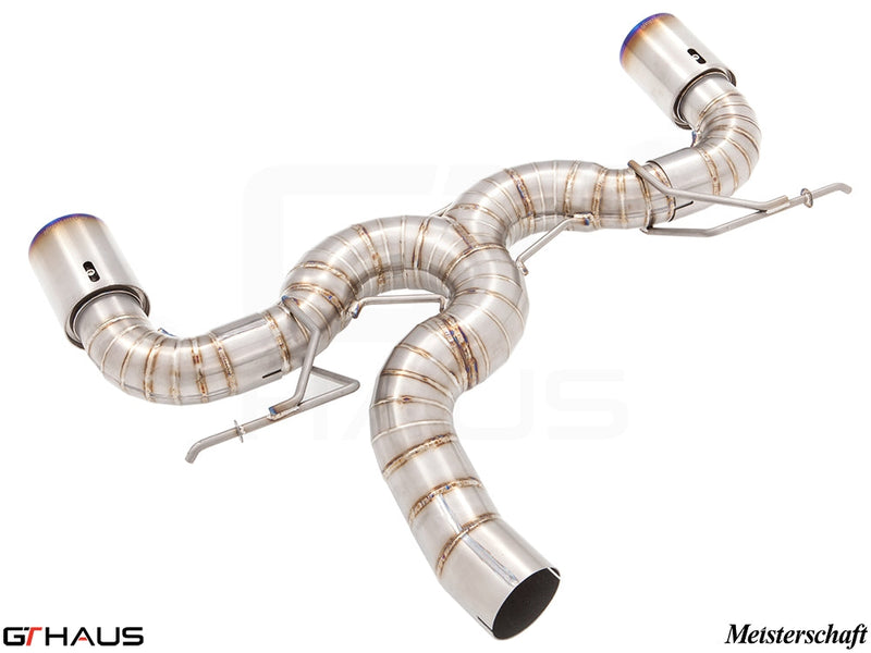 Premium performance exhaust system for BMW F22 235/240i, featuring stainless steel construction and dual tips.