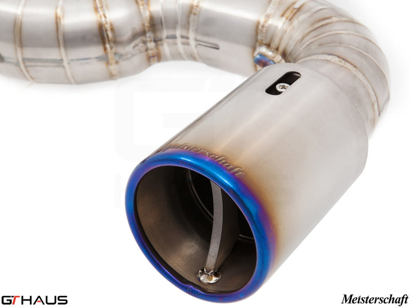 Premium Meisterschaft exhaust tip for BMW F22 235/240i, featuring stainless steel construction and electronic valve control.