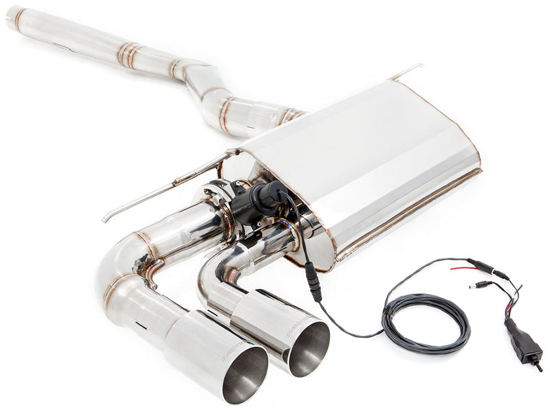 Premium stainless steel exhaust system for BMW F30/F31/F34/F36 320i, 328i, 330i models, featuring electronic valve control.