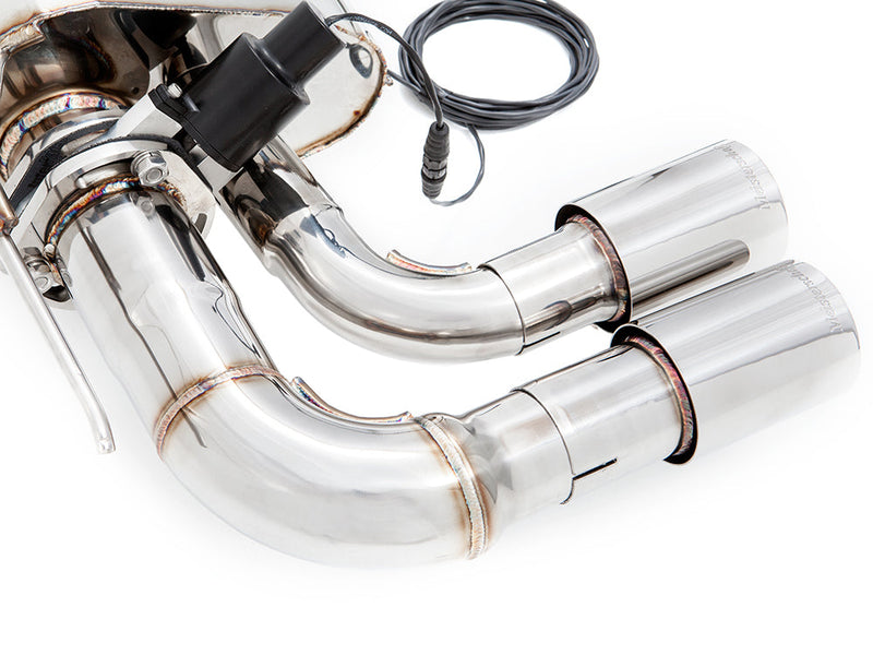 Premium stainless steel exhaust system for BMW F30/F31/F34/F36 320i, 328i, 330i models, featuring dual tips and electronic valve control.