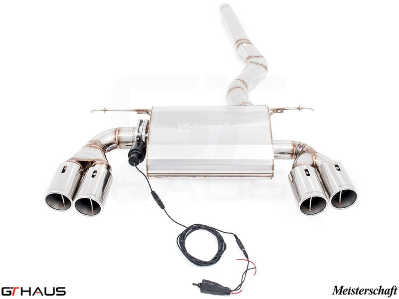 Premium Meisterschaft exhaust system for BMW F30/F31/F34/F36 320i, 328i, 330i/xi, featuring quad tips and electronic valve control.