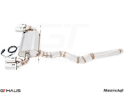 Premium performance exhaust system for BMW F30/F31/F34/F36 320i, 328i, 330i models, featuring stainless steel construction.