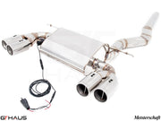 Premium exhaust system for BMW F30/F31/F34/F36 320i, 328i, 330i with electronic valve control and stainless steel finish.
