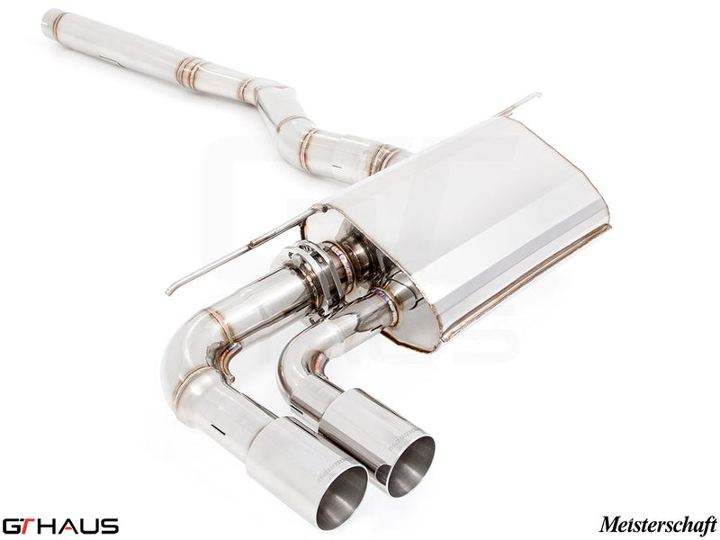 Premium Meisterschaft exhaust system for BMW F30/F31/F34/F36 320i, 328i, 330i/xi, featuring polished stainless steel and dual tips.