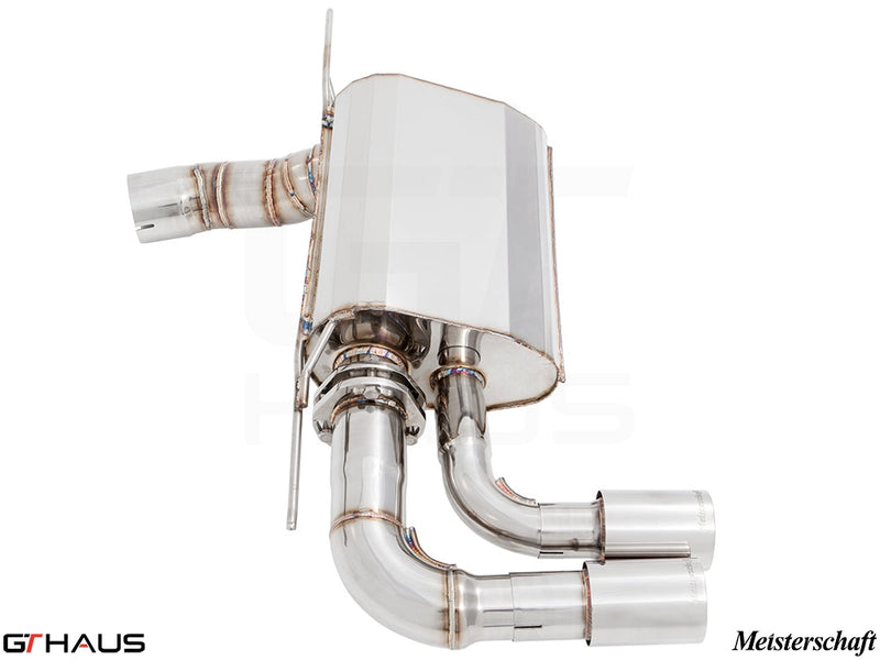 Premium exhaust system for BMW F30/F31/F34/F36 320i, 328i, 330i/xi, featuring stainless steel construction and dual tips.