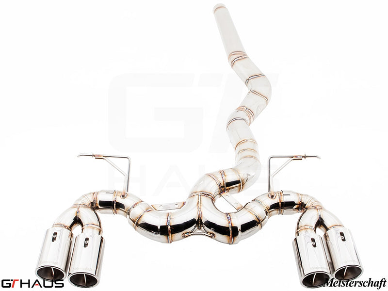 Premium performance exhaust system for BMW F30/F31/F34/F36 3 Series, featuring polished stainless steel and dual tips.