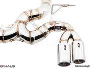 Premium Meisterschaft exhaust system for BMW F30/F31/F34/F36 320i, 328i, 330i models, showcasing polished stainless steel design.