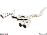 Premium performance exhaust system for BMW F30/F31/F34/F36 3 Series, featuring stainless steel construction and quad tips.