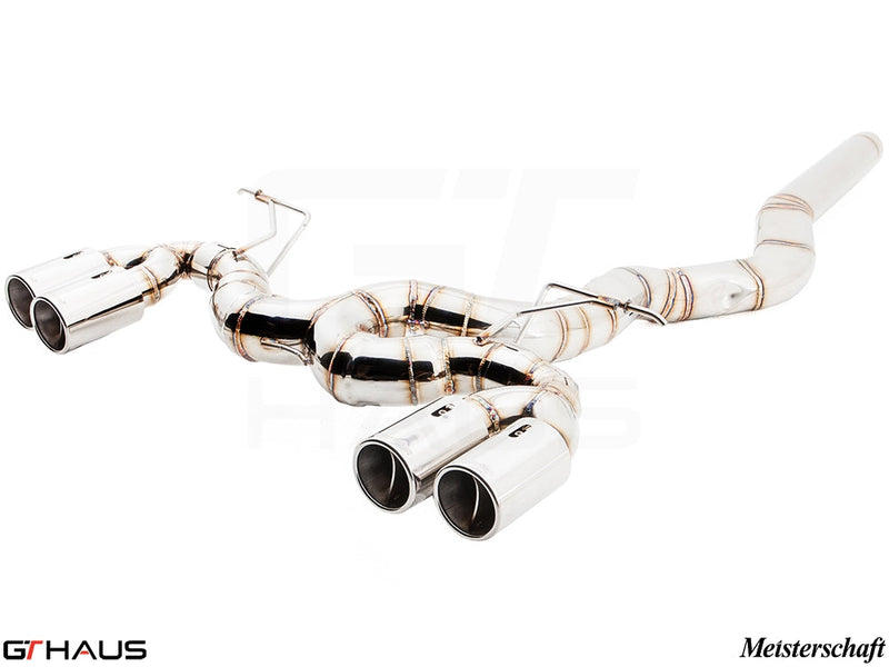 Premium performance exhaust system for BMW F30/F31/F34/F36 3 Series, featuring stainless steel construction and quad tips.