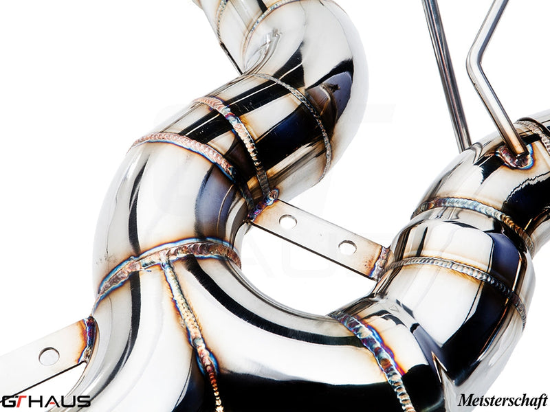 Premium stainless steel exhaust system for BMW F30/F31/F34/F36 320i, 328i, 330i models, showcasing intricate welds.
