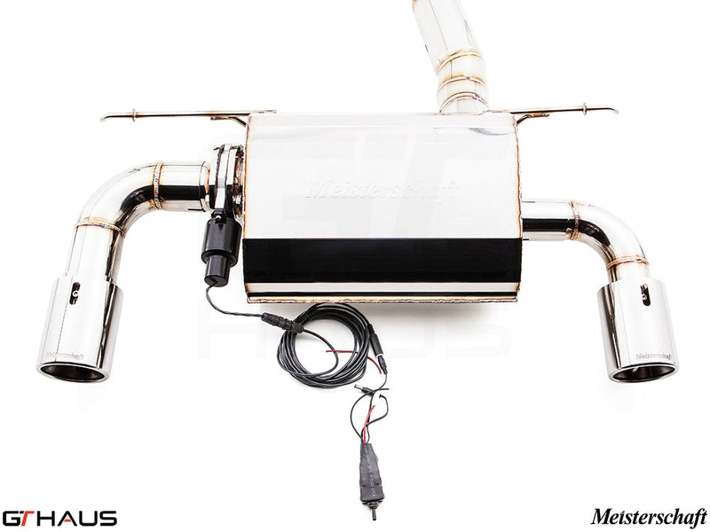 Premium Meisterschaft exhaust system for BMW F30/F31/F34/F36 335i/340i/xi, featuring dual polished tips and electronic valve control.