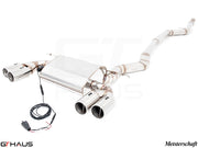 Premium performance exhaust system for BMW F30/F31/F34/F36 335i/340i, featuring stainless steel construction and quad tips.