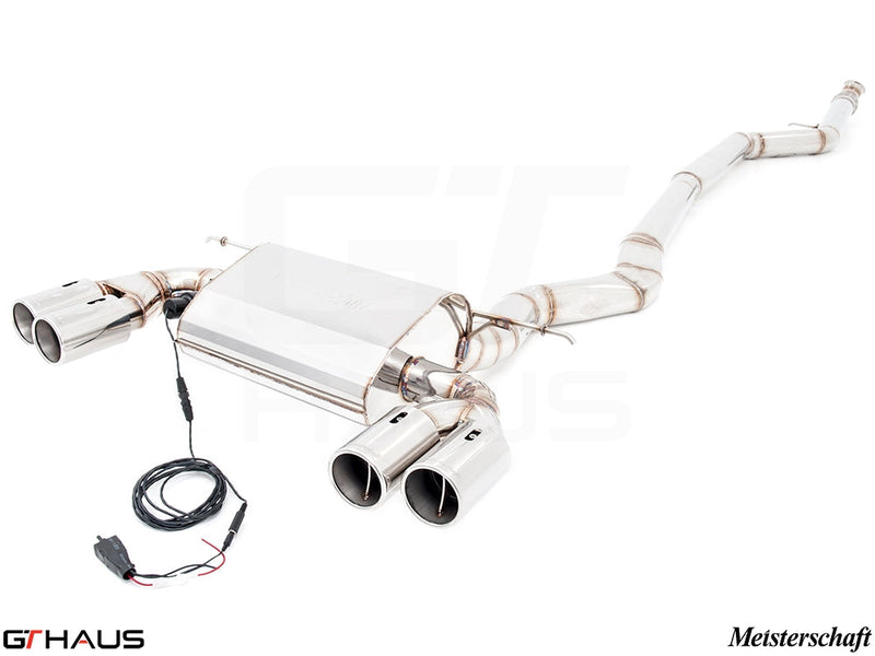Premium performance exhaust system for BMW F30/F31/F34/F36 335i/340i, featuring stainless steel construction and quad tips.