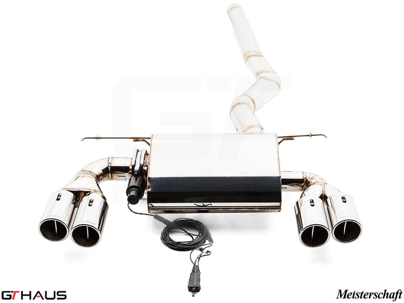 Premium Meisterschaft exhaust system for BMW F30/F31/F34/F36 335i/340i, featuring dual polished tips and electronic valve control.