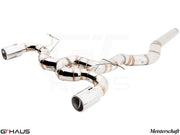 Premium performance exhaust system for BMW F30/F31/F34/F36 335i/340i/xi, featuring stainless steel construction and dual tips.