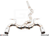 Premium performance exhaust system for BMW F30/F31/F34/F36 335i/340i/xi, featuring stainless steel construction and dual tips.