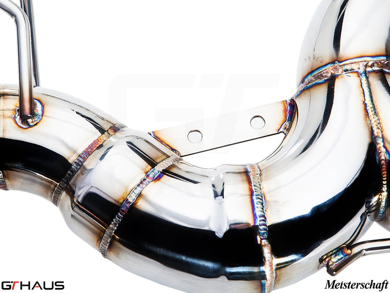 Premium stainless steel exhaust system component for BMW F30/F31/F34/F36 335i/340i, showcasing precision welds and design.