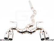 Premium performance exhaust system for BMW F30/F31/F34/F36 335i/340i/xi, featuring dual polished tips and stainless steel construction.