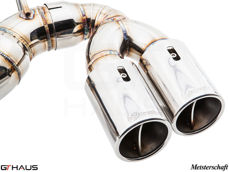 Premium Meisterschaft exhaust tips for BMW F30/F31/F34/F36 335i/340i, showcasing high-quality stainless steel design.