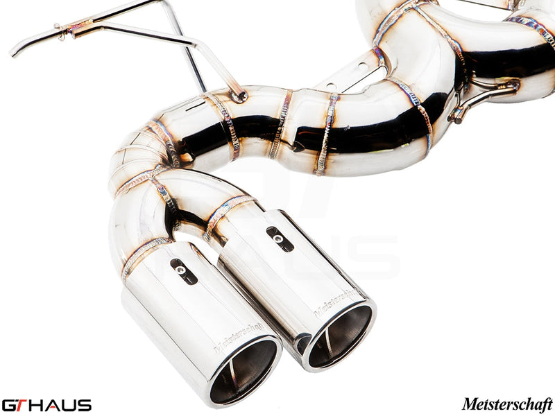 Premium Meisterschaft exhaust system for BMW F30/F31/F34/F36 335i/340i, showcasing polished dual tips and intricate welds.