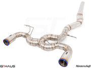 Premium exhaust system for BMW F30/F31/F34/F36 335i/340i/xi, featuring stainless steel construction and dual tips.