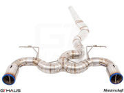 Premium performance exhaust system for BMW F30/F31/F34/F36 335i/340i/xi, featuring stainless steel construction and dual tips.