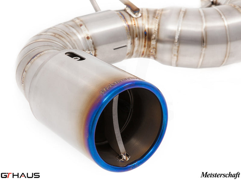Premium Meisterschaft exhaust tip for BMW F30/F31/F34/F36 335i/340i, showcasing high-quality stainless steel construction.